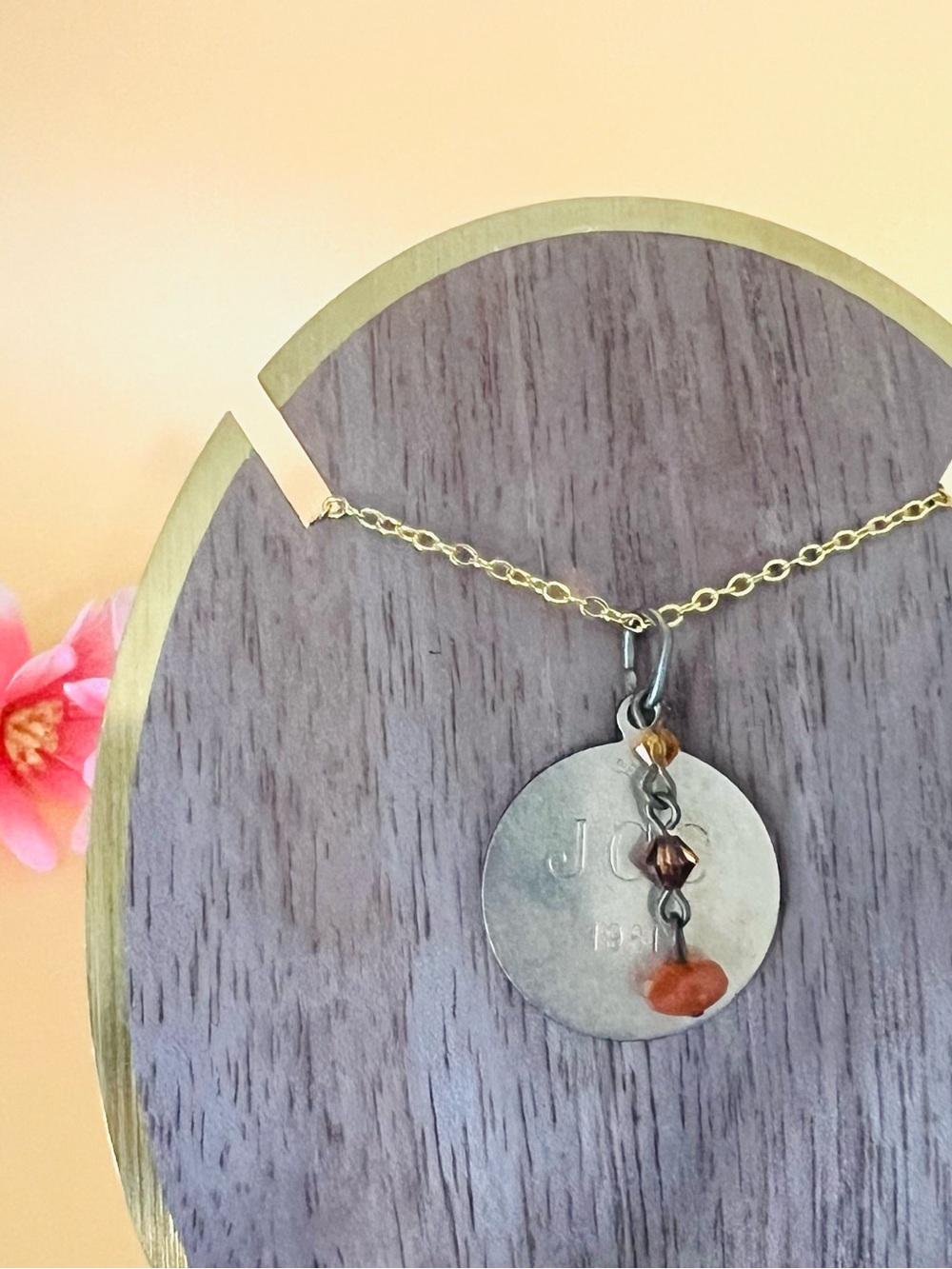 Hand-Stamped gold plated Disc Necklace with Amber & crystal Accent